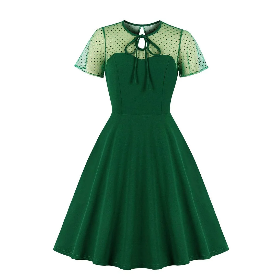 Women's Polka Dots Embroidery Keyhole Tie Vintage Cocktail Dress