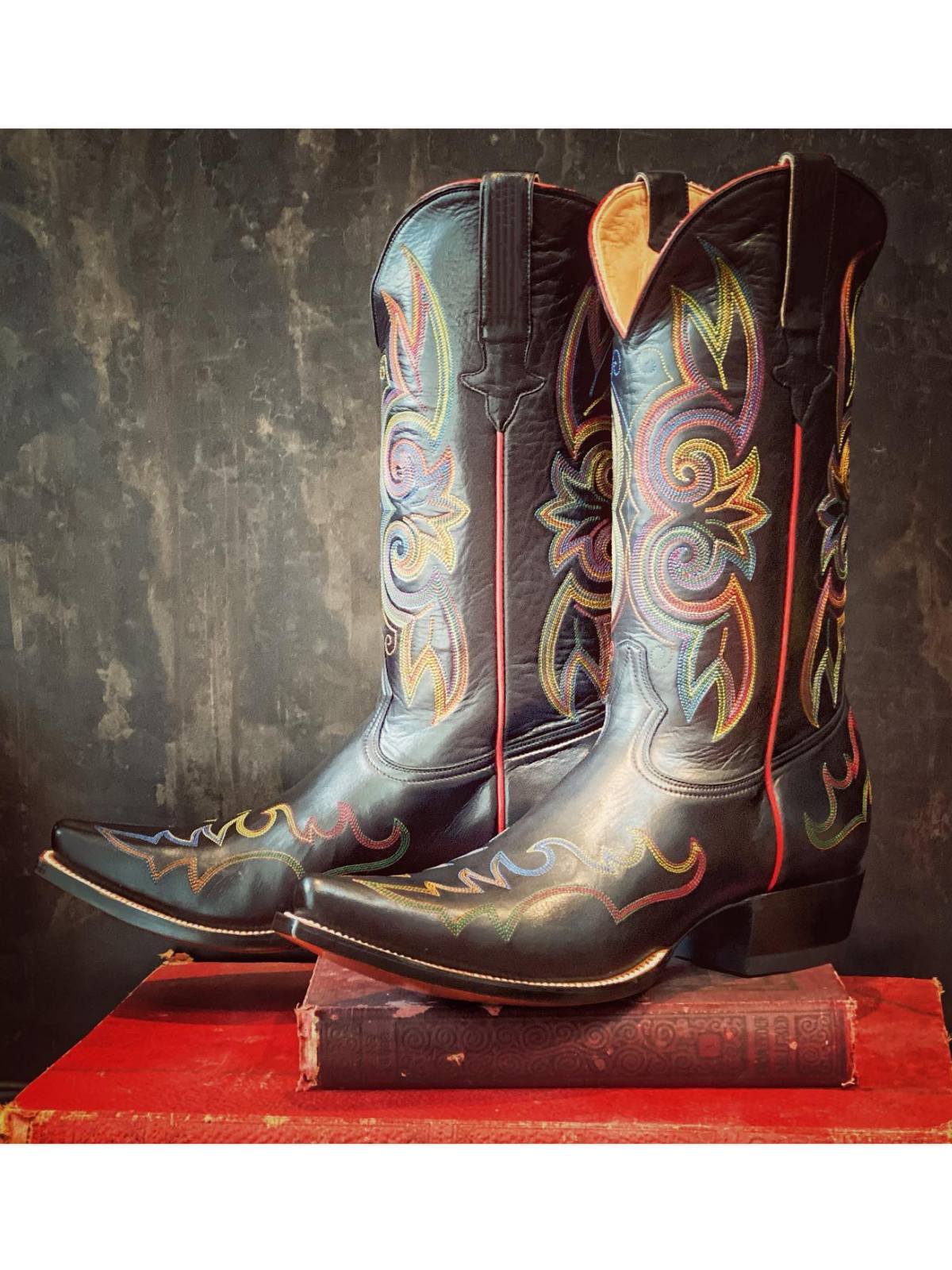 Taafo Black Vegan Leather Colorful Embroidery Snip-Toe Wide Mid Calf Tall Western Boots