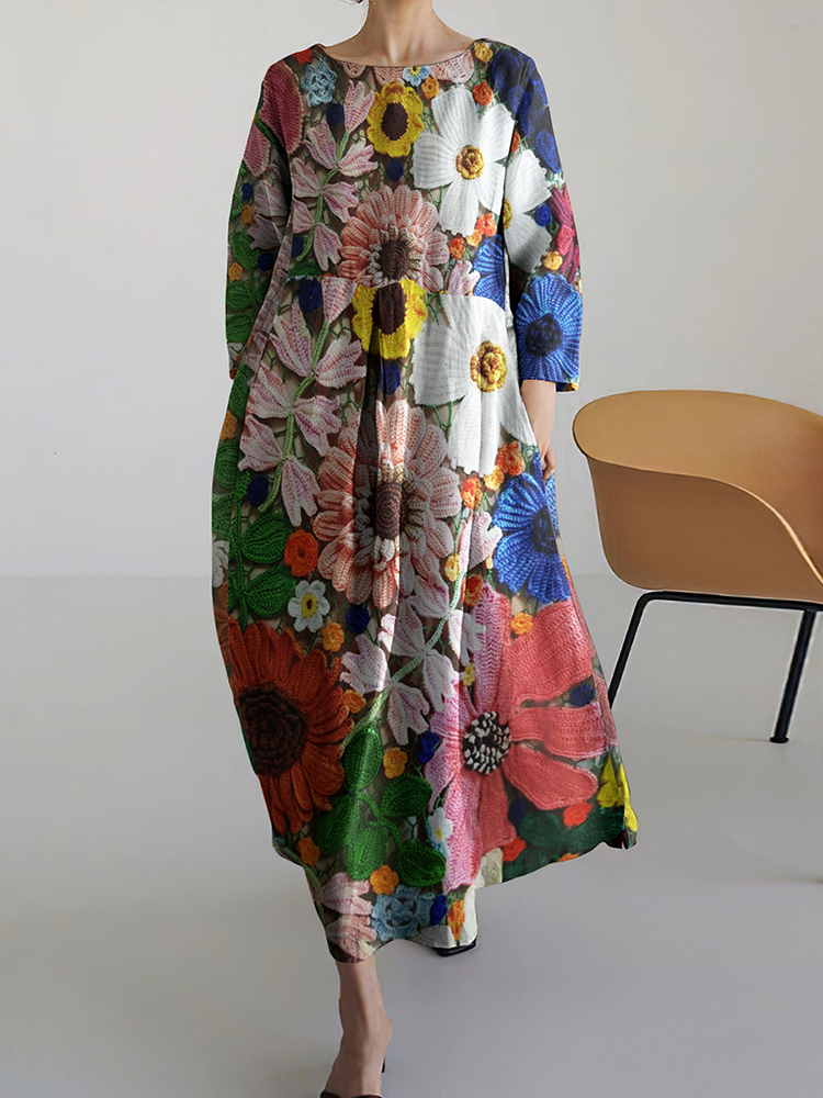 Comstylish Vintage Floral Embroidery Print Round Neck Midi Dress