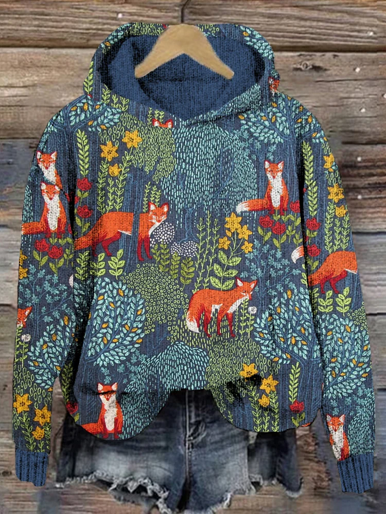 Comstylish Fox in the Forest Graphic Vintage Cozy Knit Hoodie