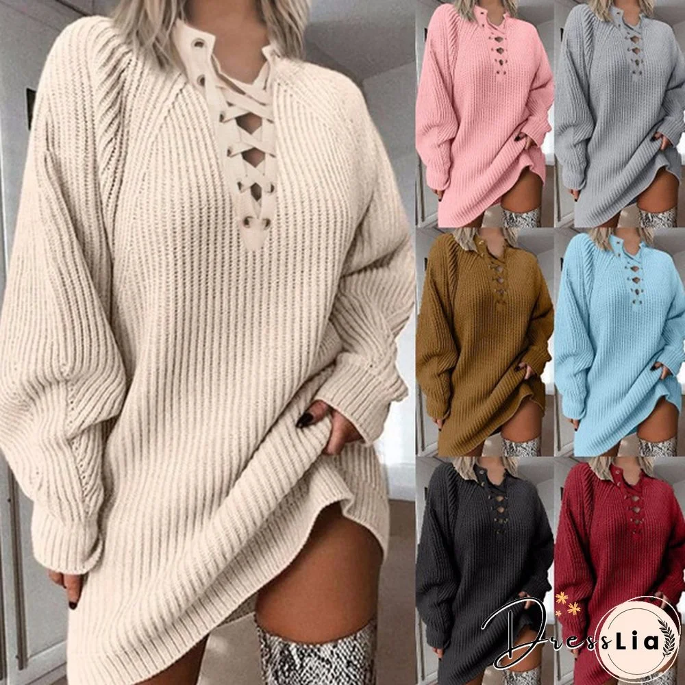 Autumn Winter Women Fashion Solid Color V Neck Lace Up Knitted Sweater Dress Casual Loose Long Sweater Dress Elegant Long Sleeves Thick Warm Sweater Sexy Package Hip Sweater Pullover Outwear
