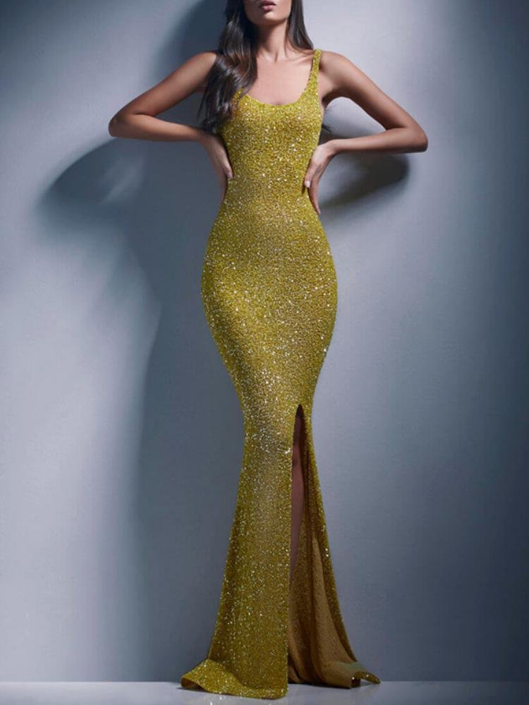 Promsstyle Promsstyle U neck sleeveless glittering sequins side slit maxi evening dress Prom Dress 2023