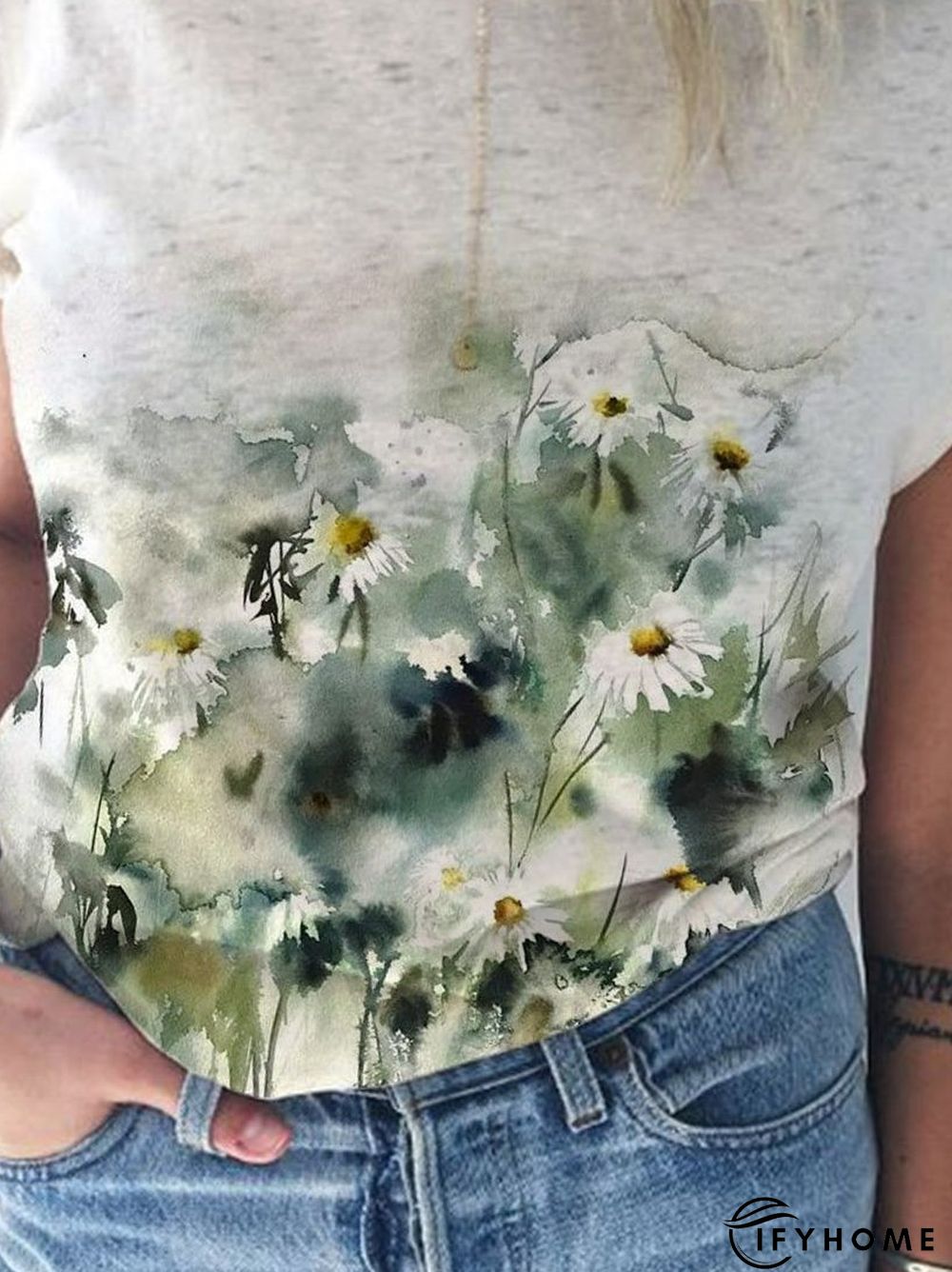 Cotton-Blend Floral Short Sleeve Casual T-shirt | IFYHOME