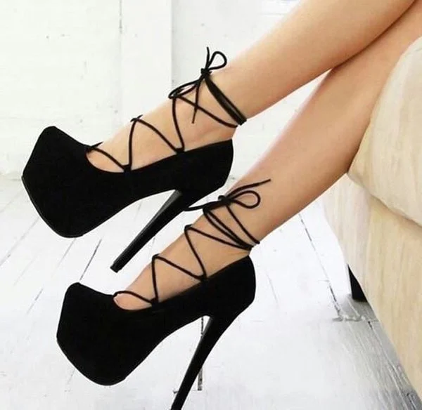 Leila Black Strappy Heels Lace up Stiletto Heel Platform Pumps |FSJ Shoes