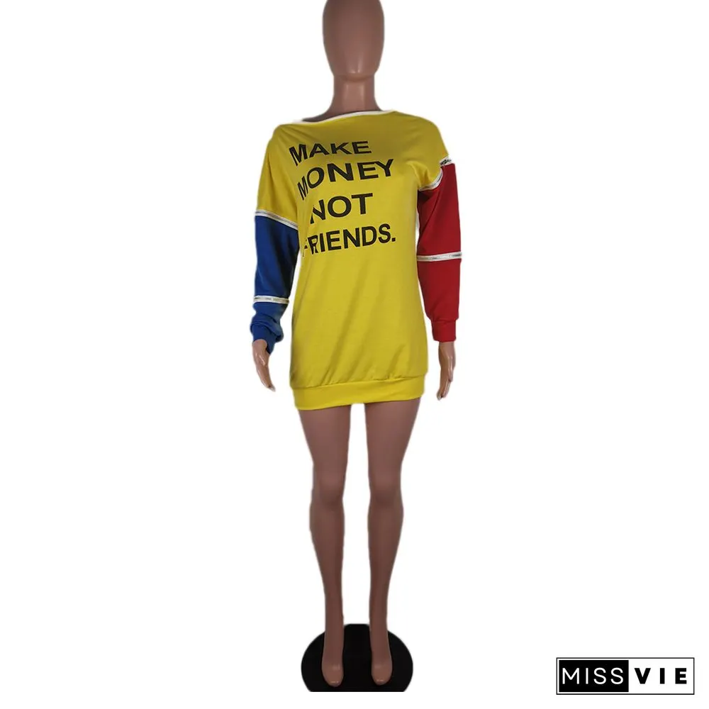 Letter Color Block Adjustable Sleeve Sweatshirt Dress