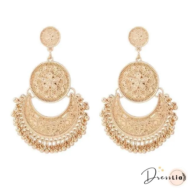 3 Colors Bohemian Indian Antique Moon Shape Carved Flower Tassels Earrings