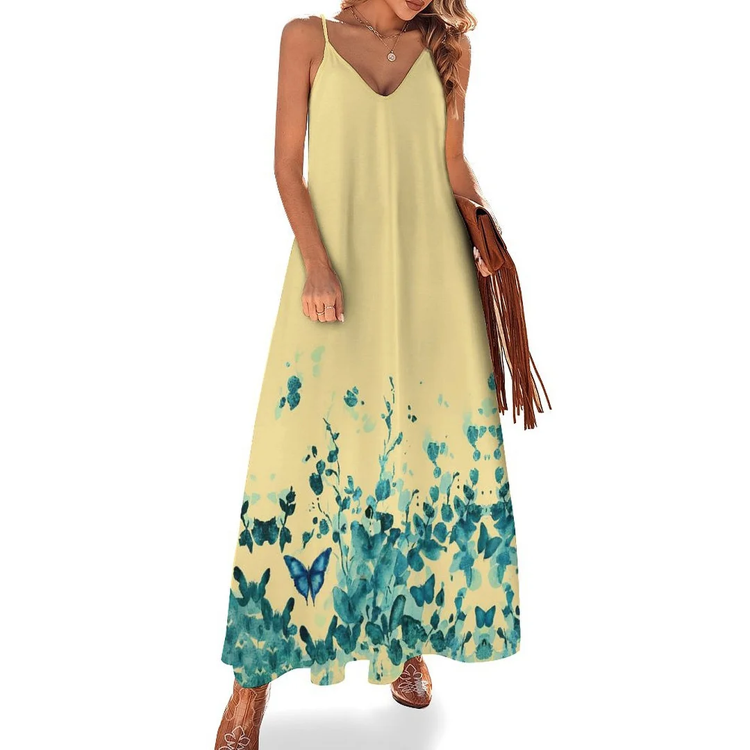Style & Comfort for Mature Women Plus Size Printed Sling Casual Women Maxi Dress in Pattern Blue, Yellow, Floral