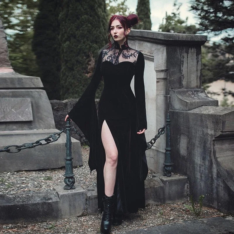 Sonicelife Halloween Party Long Dress Black High Waist Flared Sleeve Lace Cutout Gothic Maxi Dress Street Aesthetic Clubwear Maxi Dress