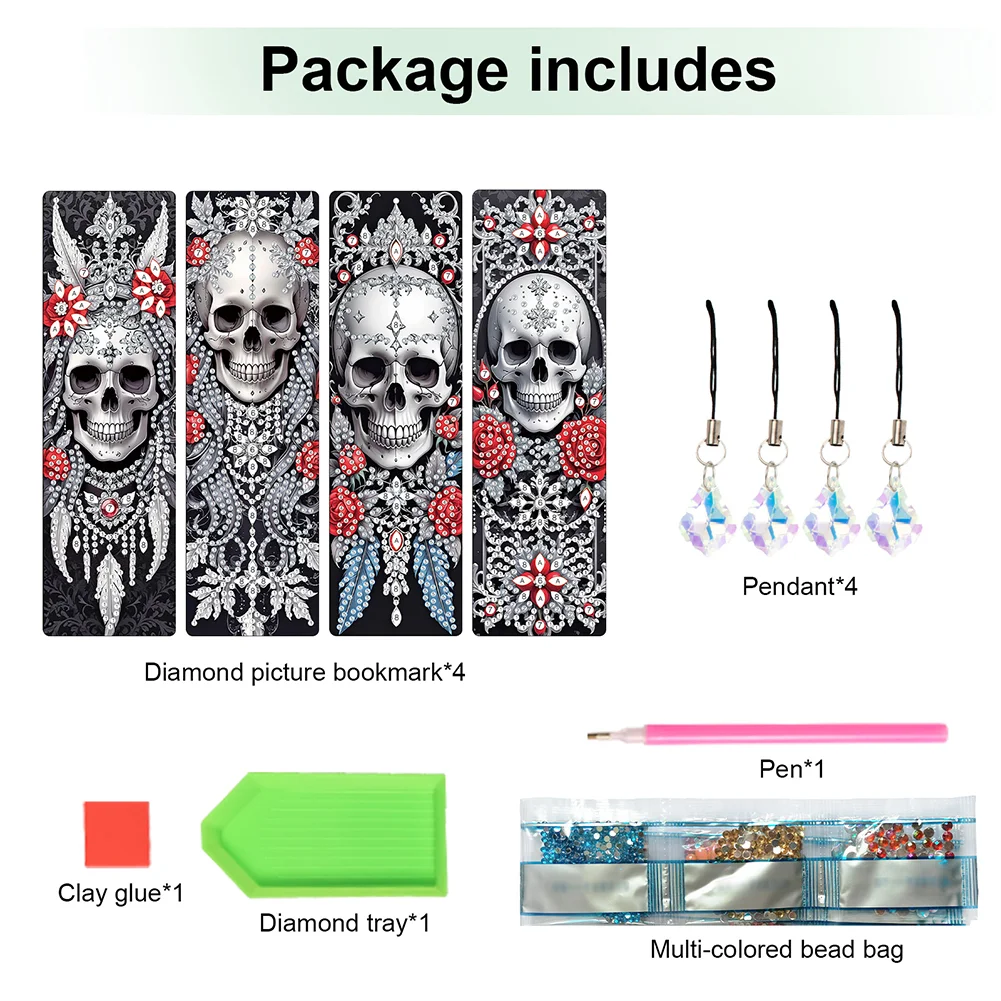 8Pcs DIY Skull Diamond Painting Art Bookmarks with Crystal Pendants for Gift