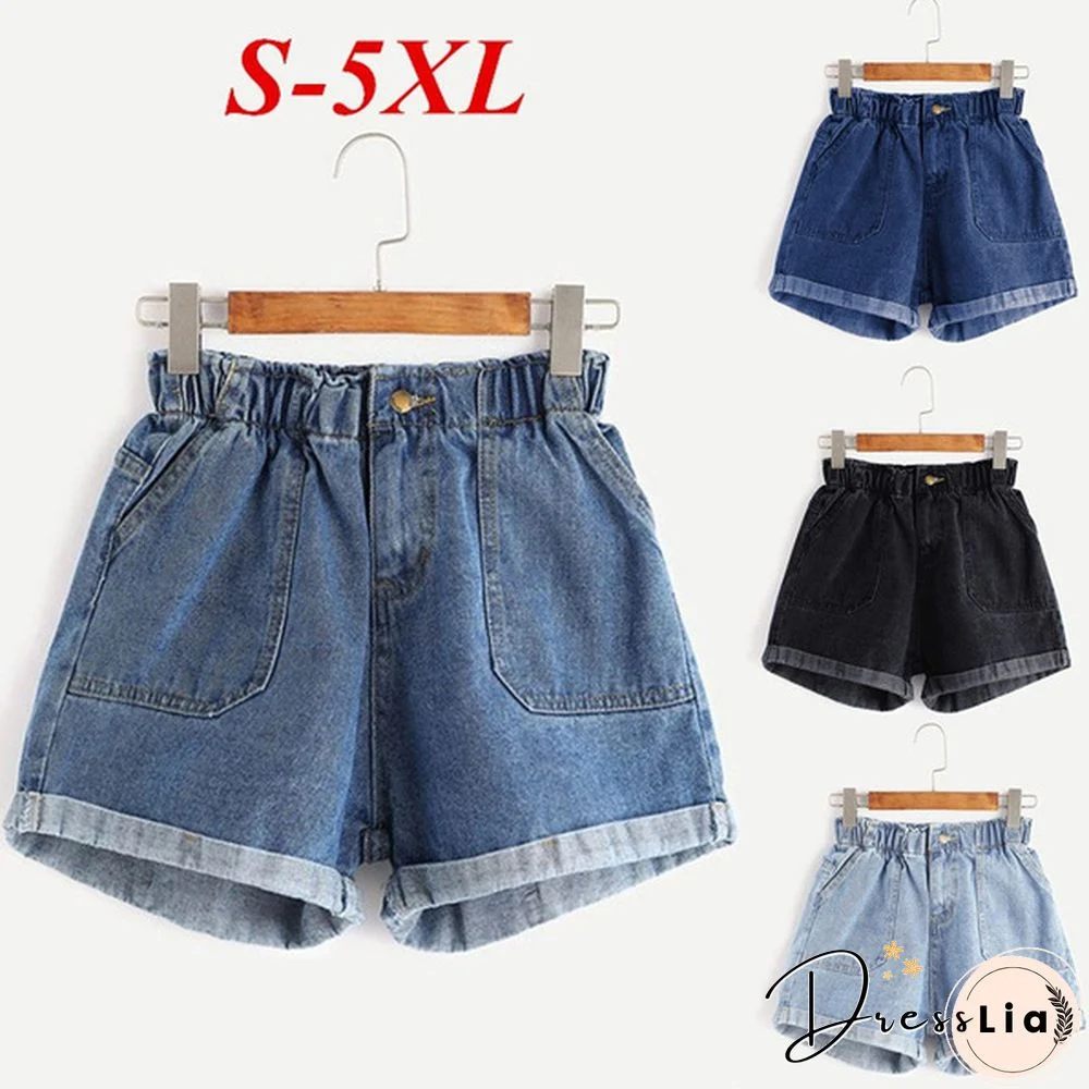 4 Colors Women Fashion Beach Wear Denim Shorts Casual High Waist Loose Pants Solid Color Summer Jeans Pants Plus Size 5XL