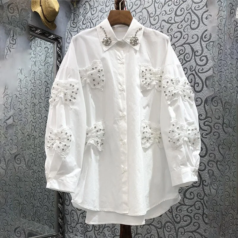 Pongl Korean Fashion Patchwork Bowknot Shirt For Women Lapel Lantern Sleeve Button Through Blouse Female Clothing Spring