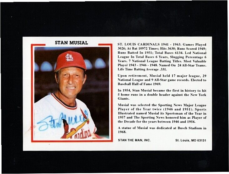 STAN MUSIAL-ST. LOUIS CARDINALS AUTOGRAPHED HOF -4X6 COLOR Photo Poster painting W/BIO-(d.2013)