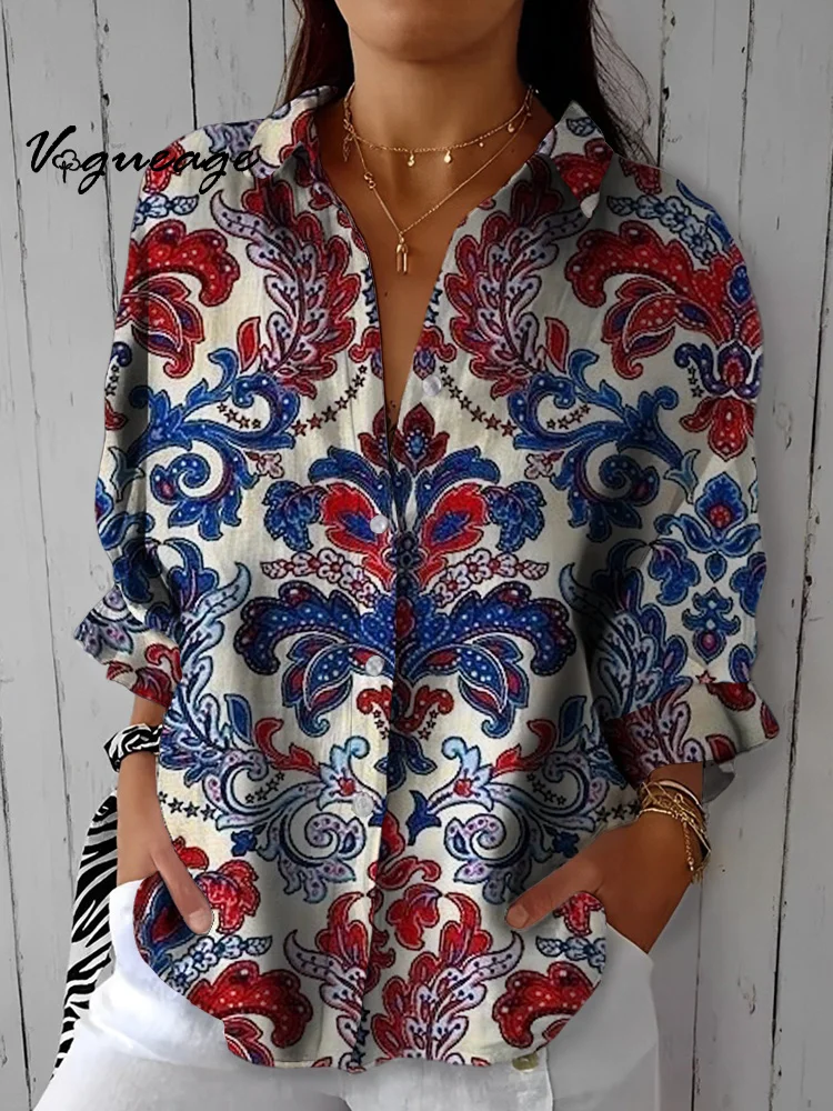 Retro Gentle And Elegant Plants Printed Cotton And Linen Shirt