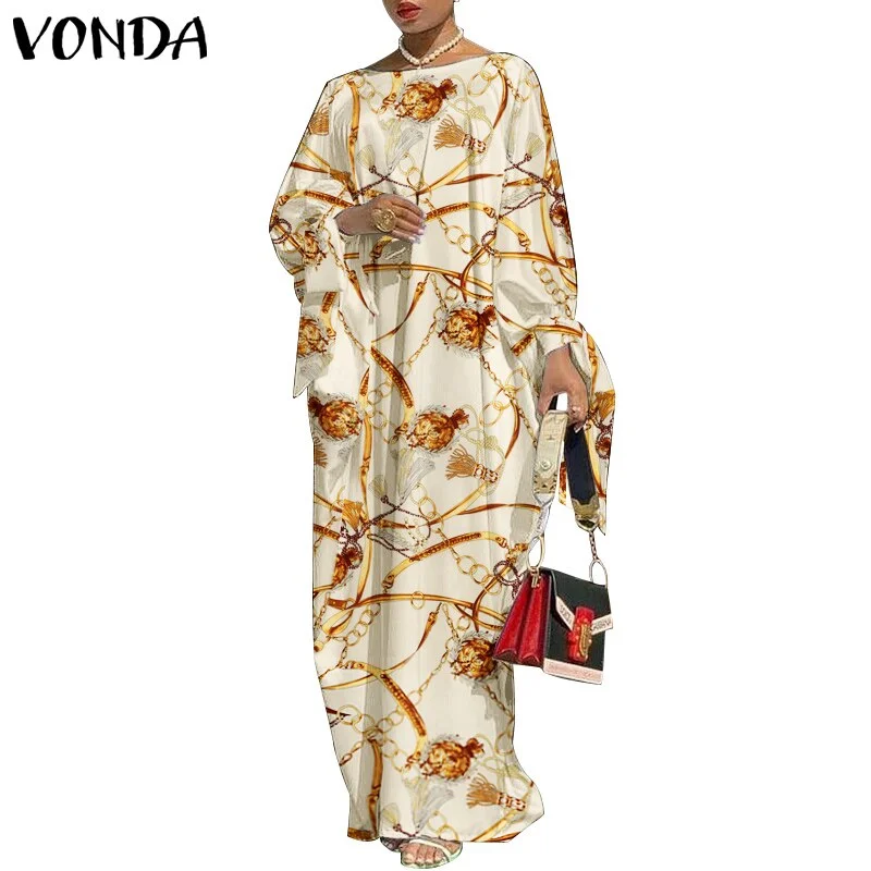 VONDA Robes Women 2022 Vintage Printed Long Sleeve Dresses Casual Loose Bohemian Vestidos Summer Casual Loose Long Maxi Sundress