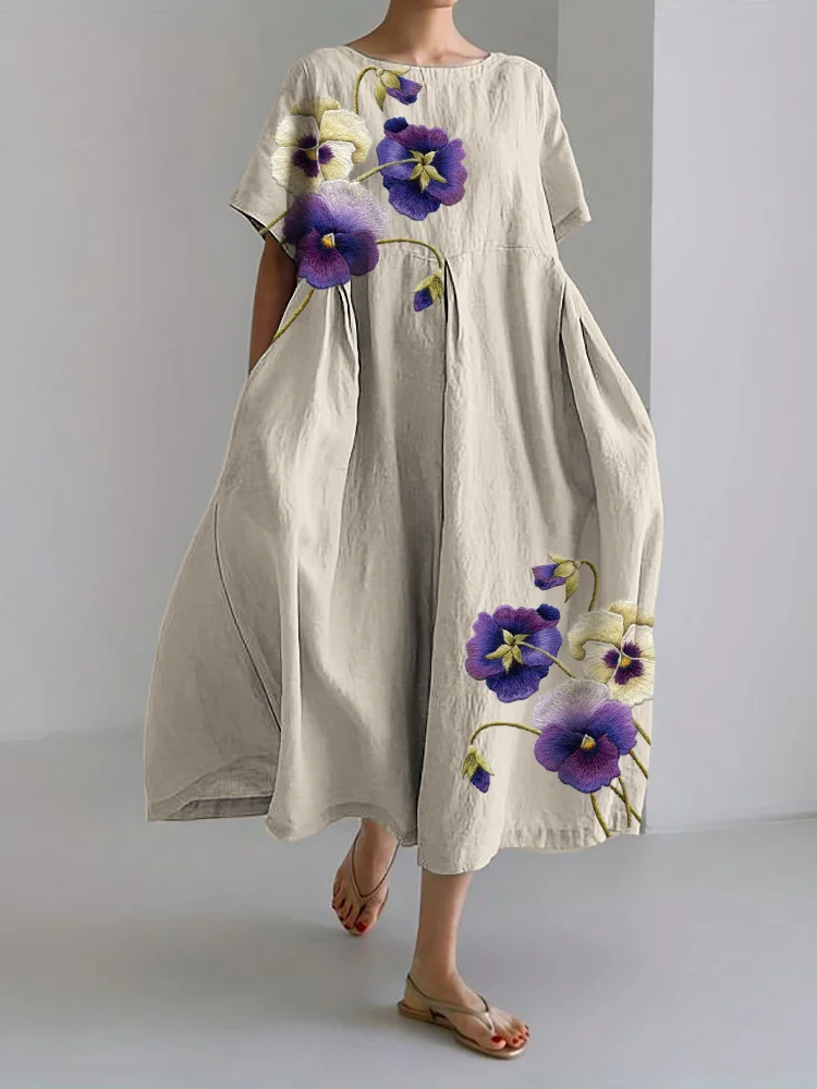 Classy Pansy Flowers Embroidered Linen Blend Maxi Dress