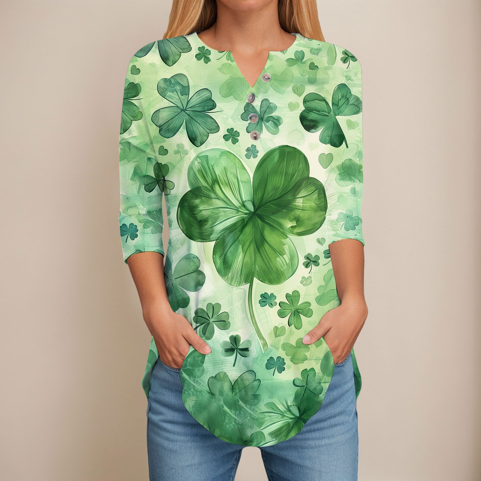 Women Simple Long Sleeve T Shirts Female St Patrick's Day Tops 3/4 Sleeve Tunic Tops Side Slit V Neck Flattering T-shirts
