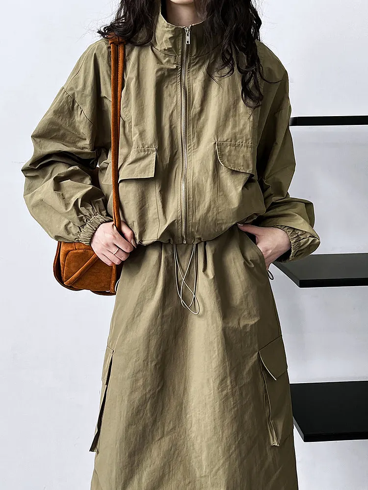 Short Jacket Drawstring Skirt Two Piece Outdoor Sports Cargo Suit Women 