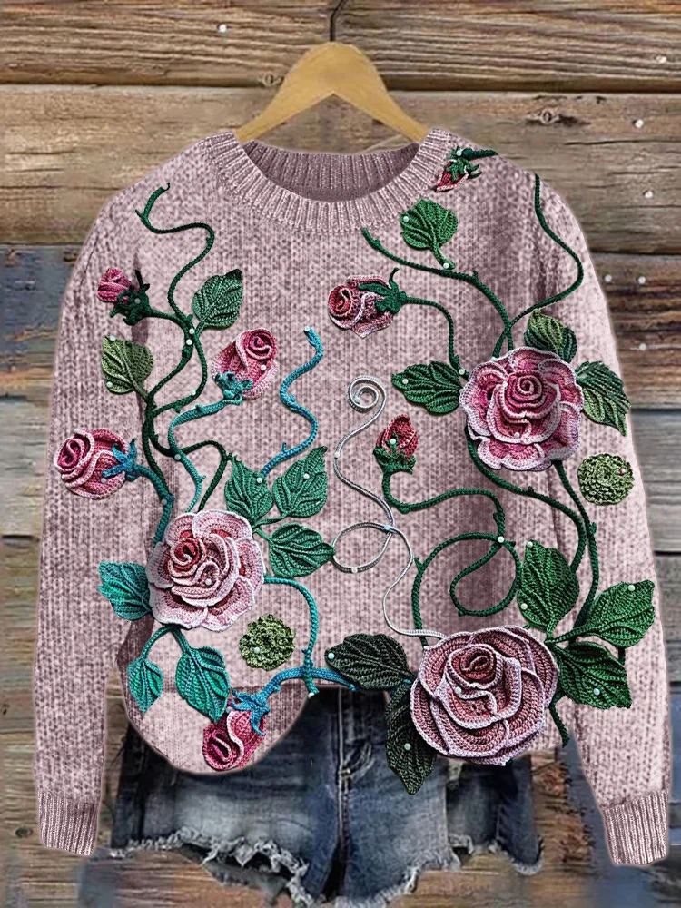 VChics Classy Roses Vines Crochet Art Cozy Knit Sweater