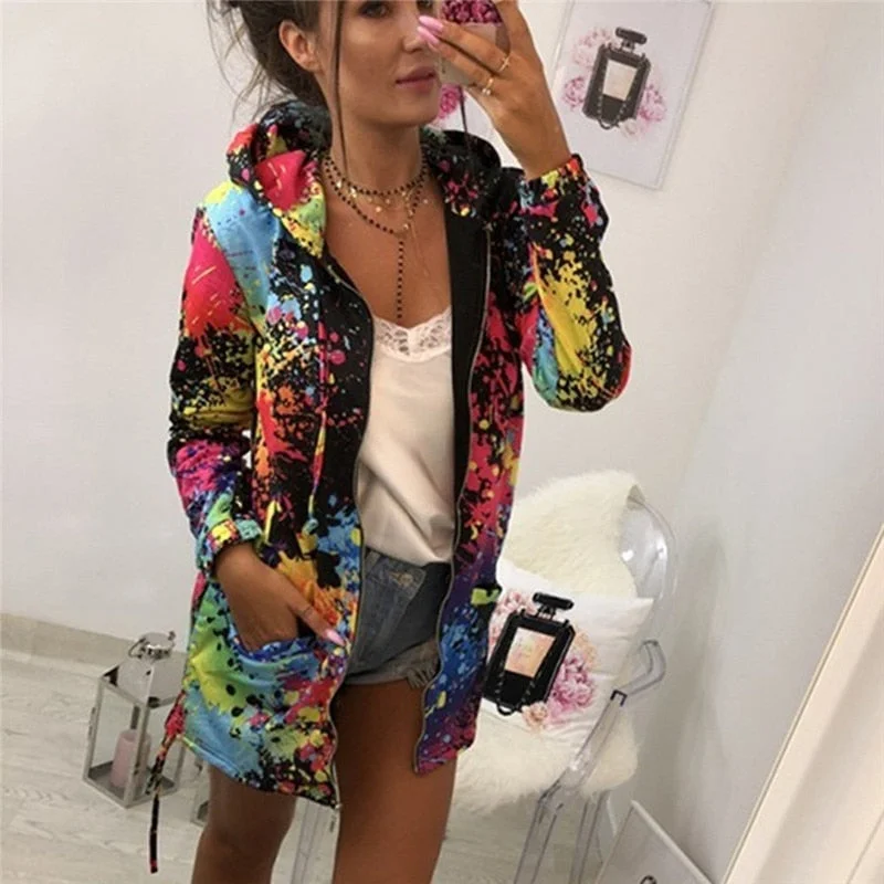 Women Colorful Long Jacket Casual Tie Dyeing Zipper Loose Hooded Sweatshirts Autumn Winter Outwear Full Sleeve Pocket Coats