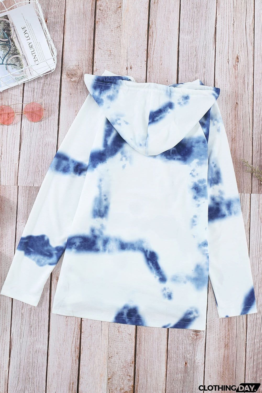 Blue White Tie-dye Knit Hooded Top
