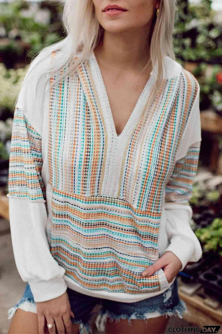 Multicolor Striped Patchwork V Neck Drop Shoulder Knit Hoodie