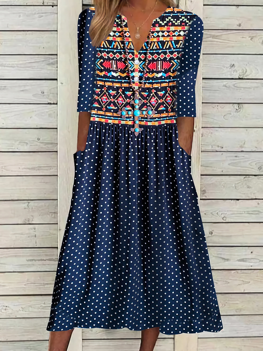 Women Half Sleeve V-neck Solid Color Dress