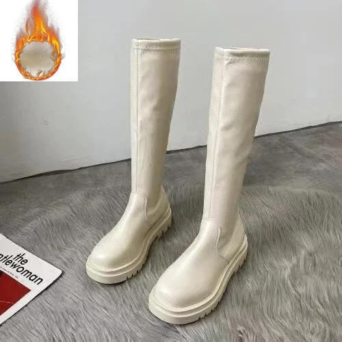 2021 Platform Knee High Boots Slip-on Block Heel Footwear Women Thick High Heels PU Leather Shoes Fashion Spring Female Boots