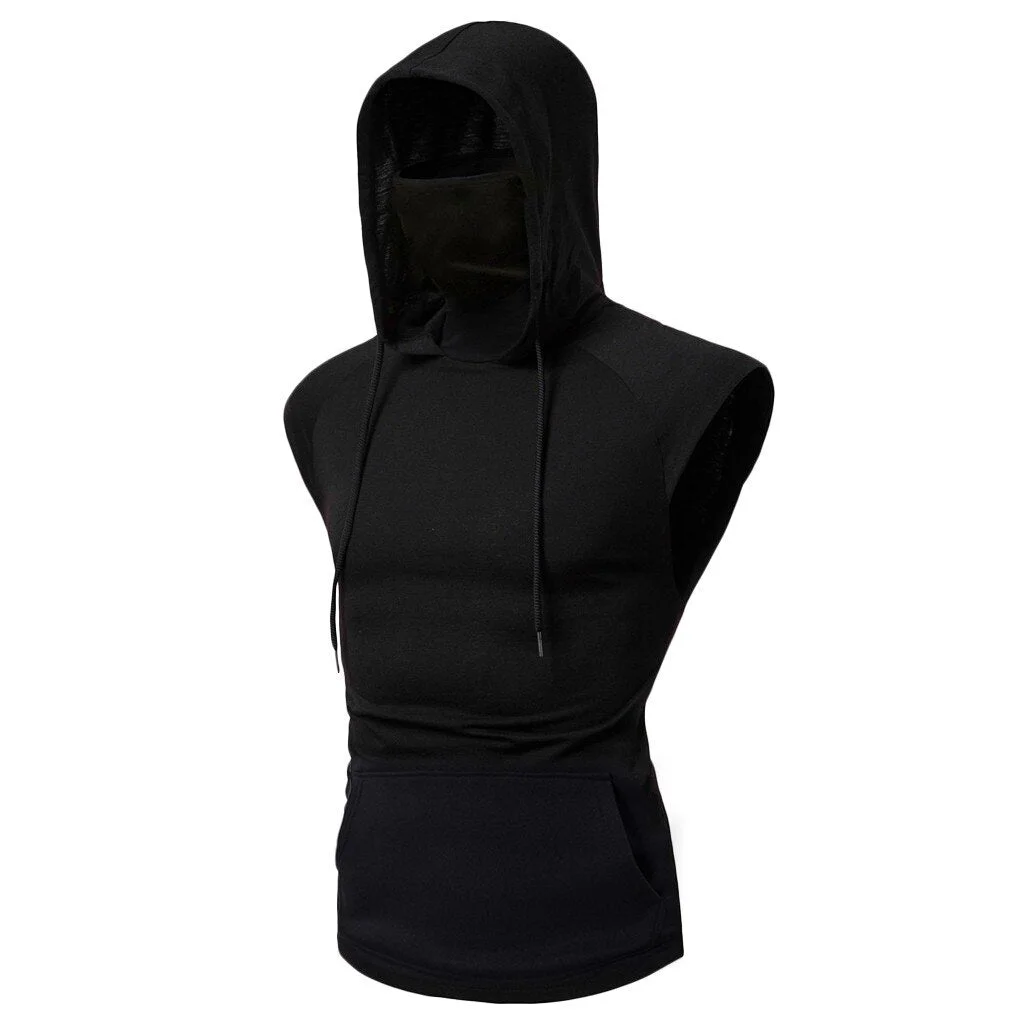 Men's Fashion Hooded Mask Tank Tops Hoodie Sleeveless Tops Male Bodybuilding Workout Tank Top Muscle Fitness Gym Clothing Summer
