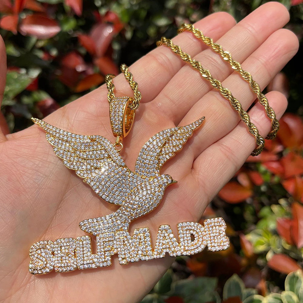 Letter Self Made Peace Dove Iced Out Bling CZ Stone Gold/Silver Pendants