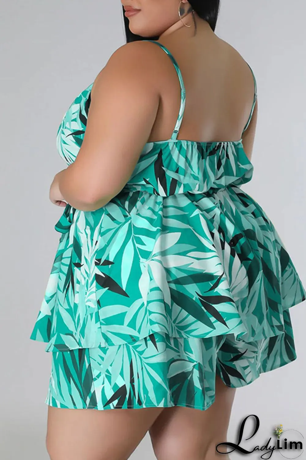 Blue Casual Print Patchwork Spaghetti Strap Plus Size Two Pieces