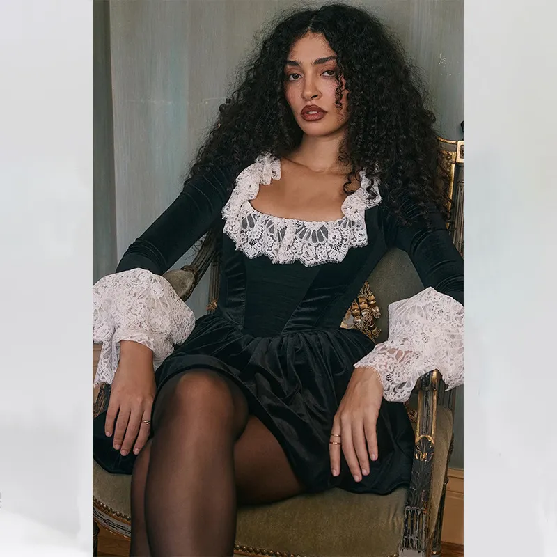 Uveng Uveng 2024 New Product Fashion Sexy Temperament French Court Lace Lace Velvet Long-Sleeved Dress