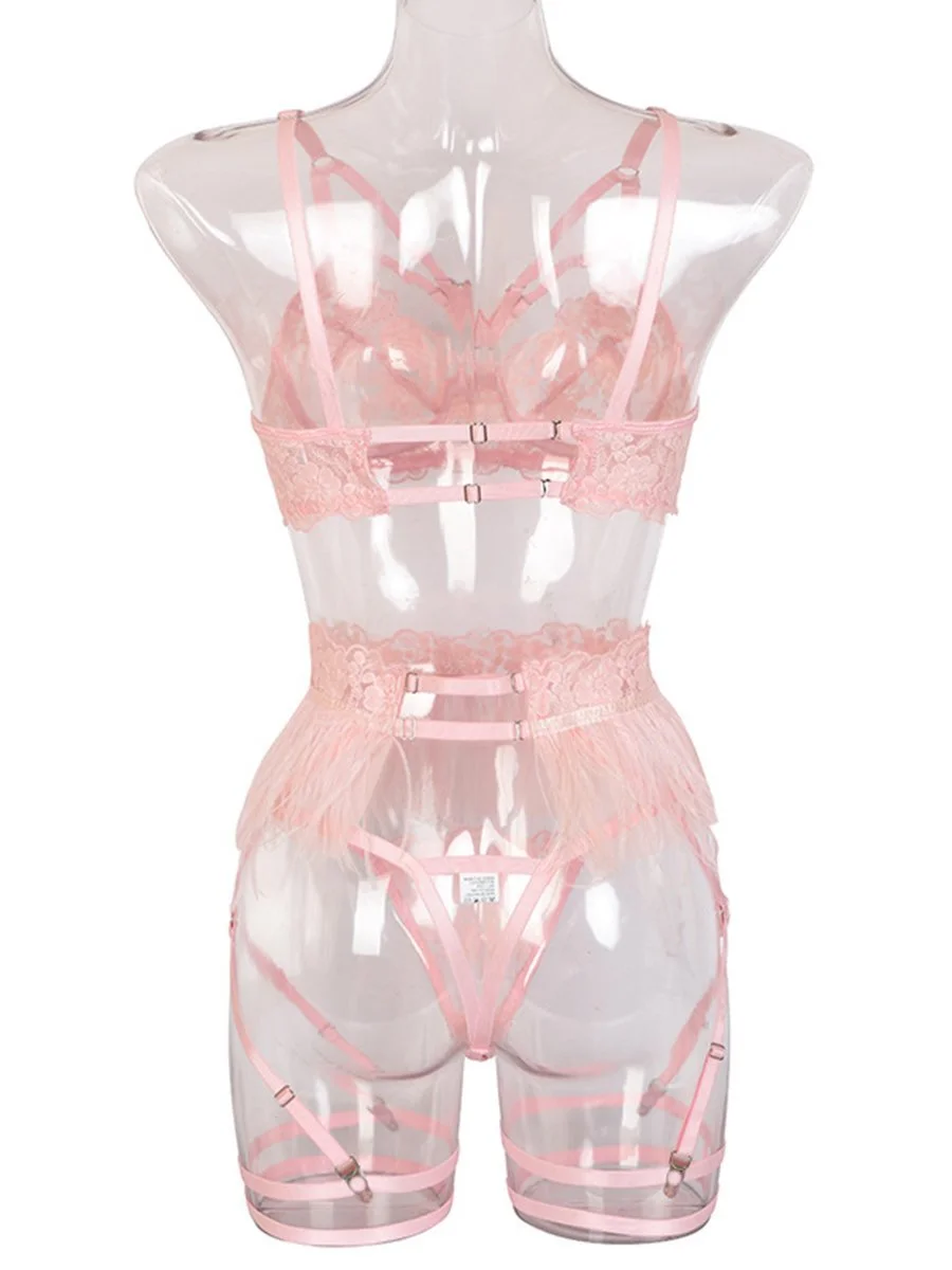 Three-piece lace and feather embroidered underwear