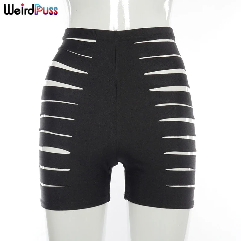 Weird Puss Hollow Out Sexy Women Biker Shorts High Waist Elasticated Fitness Leggings Booty Clothing Ropa De Mujer Slim Clubwear