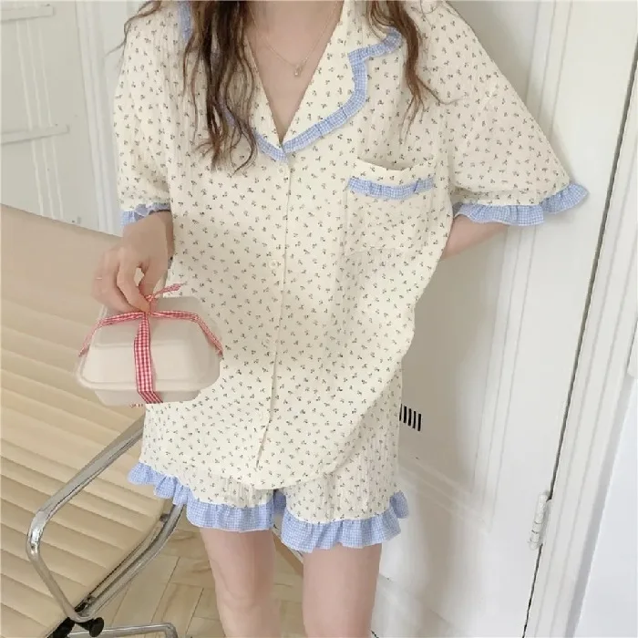 Vacucary Floral Sleepwear Women Pajama Sets Korean Ruffle Night Wears Summer Piiama Pocket Pyjamas New Short Sleeve Home Suit 2 Pieces