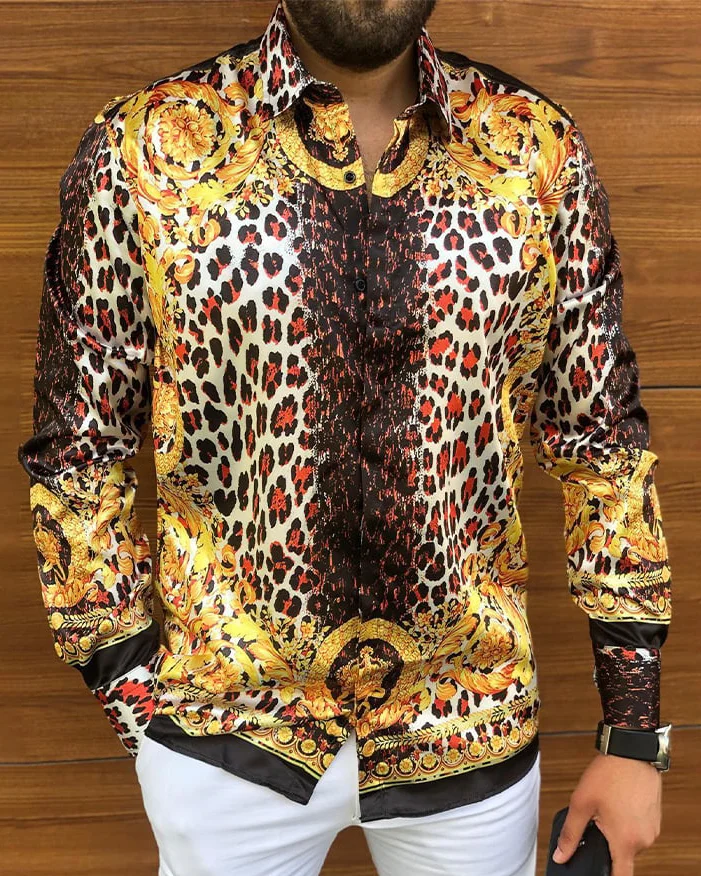 Suitmens Men's Leopard Print Long Sleeve Shirt 008