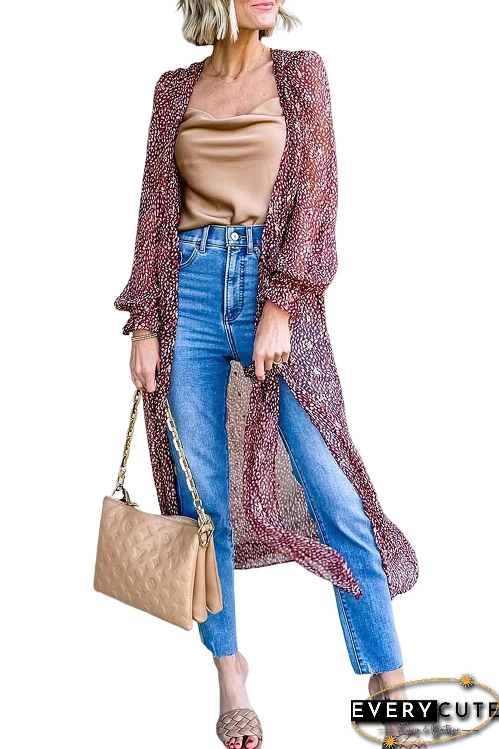 Red Dotted Print Tie Waist Long Cover Up