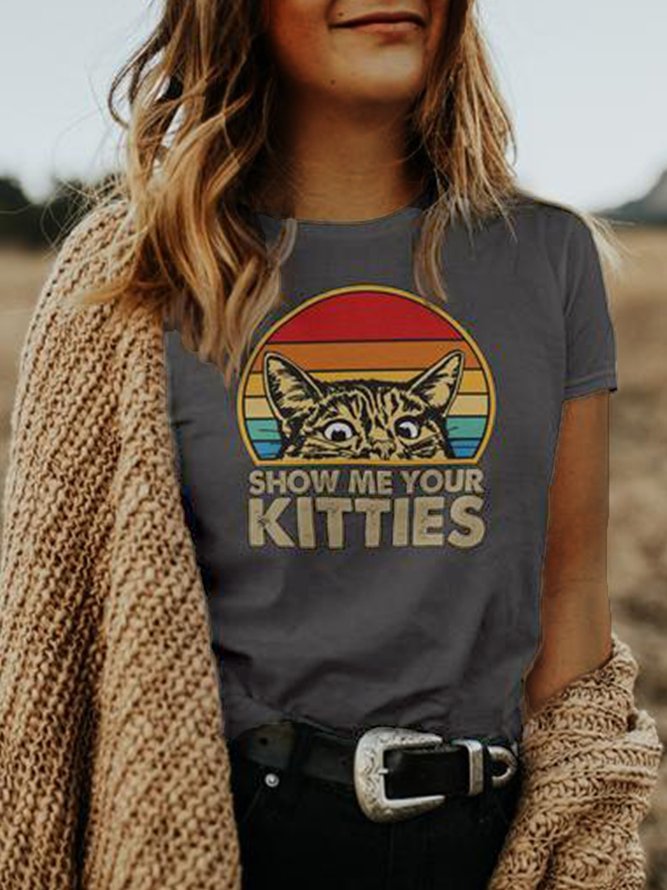 Cat Shirt Vintage Crew Neck Casual Tops