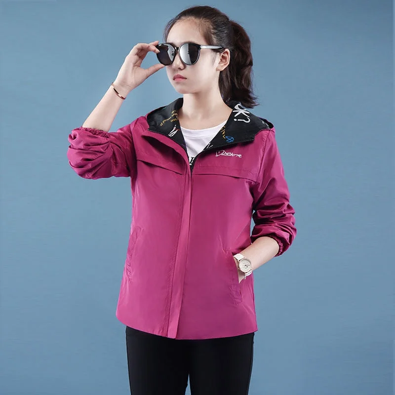 NEEDBO Women Hooded Jackets Two Side Wear Print Outwear Coat Female Windbreaker Tops Pocket Zipper Jackets Causal Windbreaker