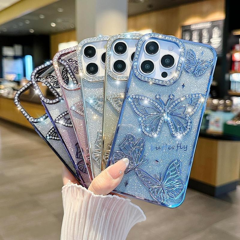 Product Introduction of Sparkling Butterfly Diamond Phone case, TPU Soft Shockprooft Case Cover for iPhone 16,15,14,13,12,11 Plus Pro Max 5