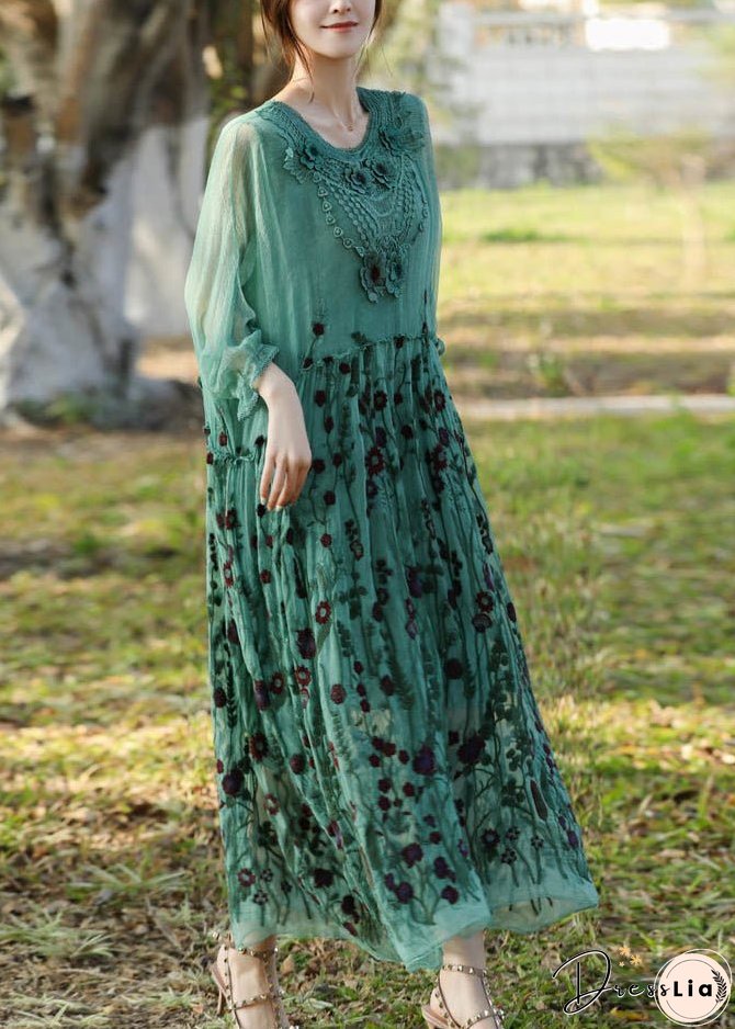 Stylish Lake Green Embroideried Patchwork Silk Long Dress Half Sleeve