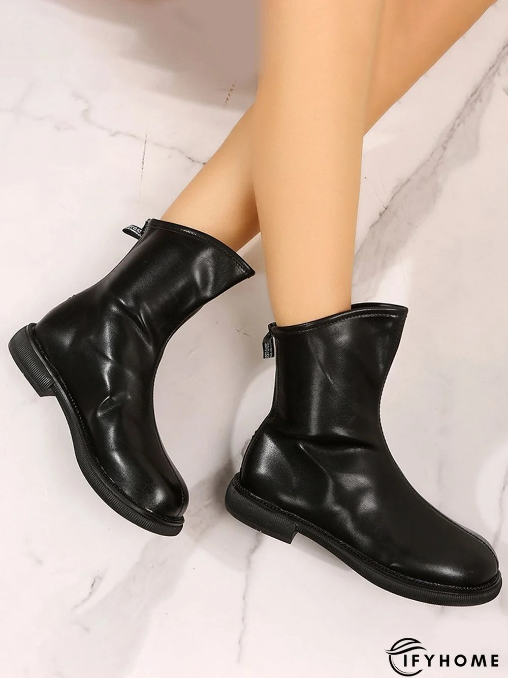 Antique Polished Short Back Zip Block Heel Boots | IFYHOME