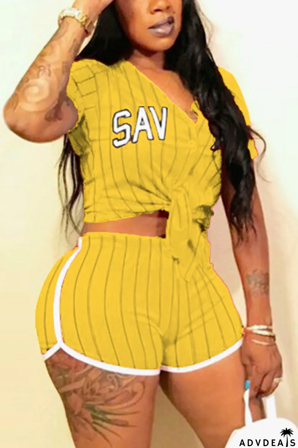 Yellow Fashion Sexy Casual Street Sportswear Letter Striped Print Split Joint Buttons Cardigan Short Sleeve Two Pieces