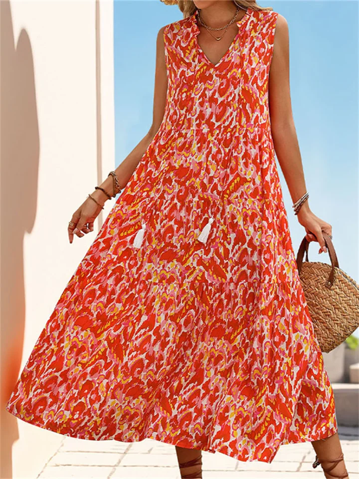 New Women's Summer Ethnic Style Sleeveless V-neck Printed Dress Loose Casual Dresses