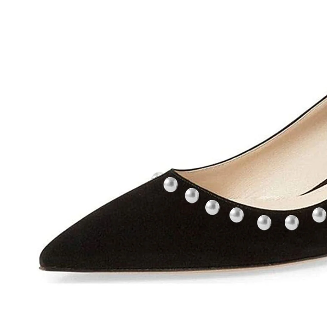YDN Vegan Suede Pointed Toe Kitten Heel Pearl Trim Black Pumps