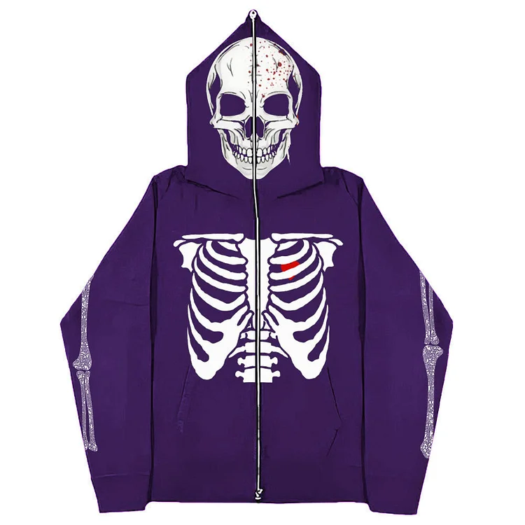 Y2k Skull Print Sweatshirt Hoodie Goth Full Zip Up Hoodie at Hiphopee