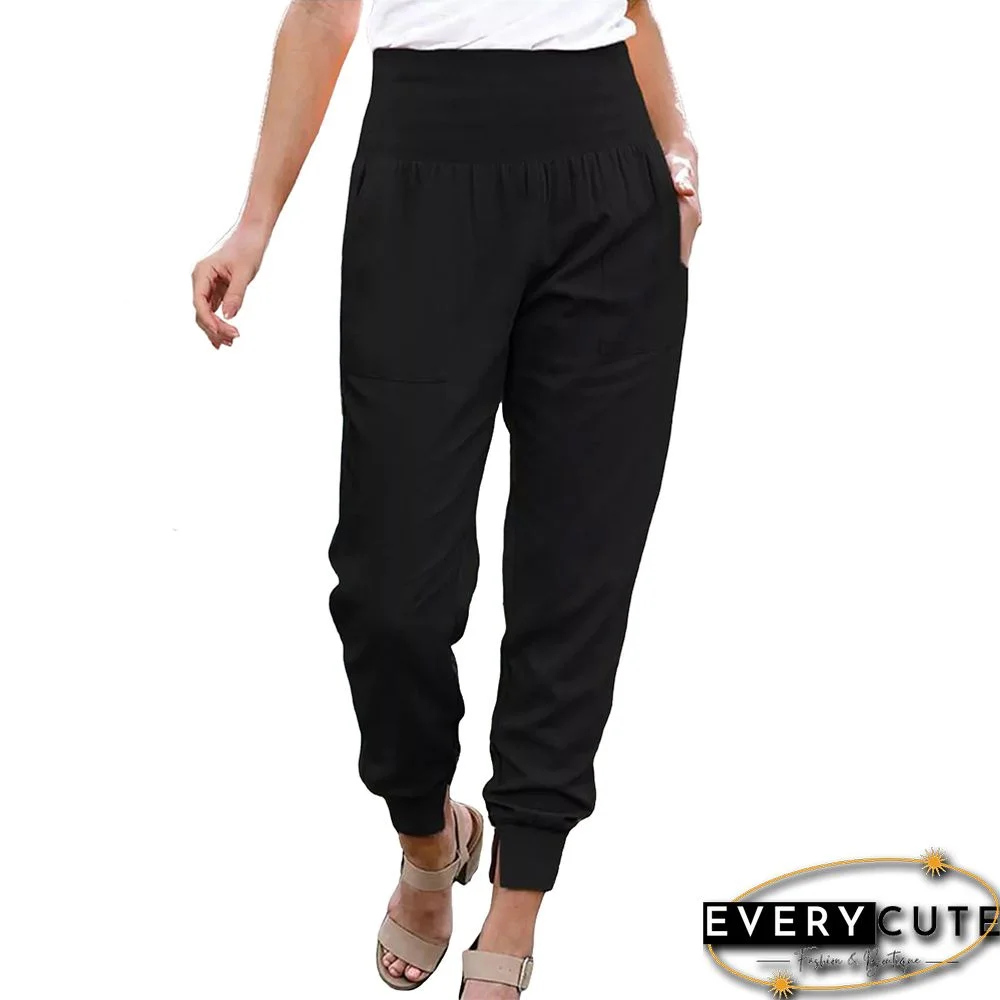 Black High Waist Pocket Cropped Pants with Slit