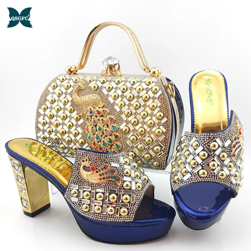 Pretty Italian Women Shoes and Bag Set with Shinning Crystal 2021 Summer High Quality Afrian Lady Shoes and Bag Set for Party