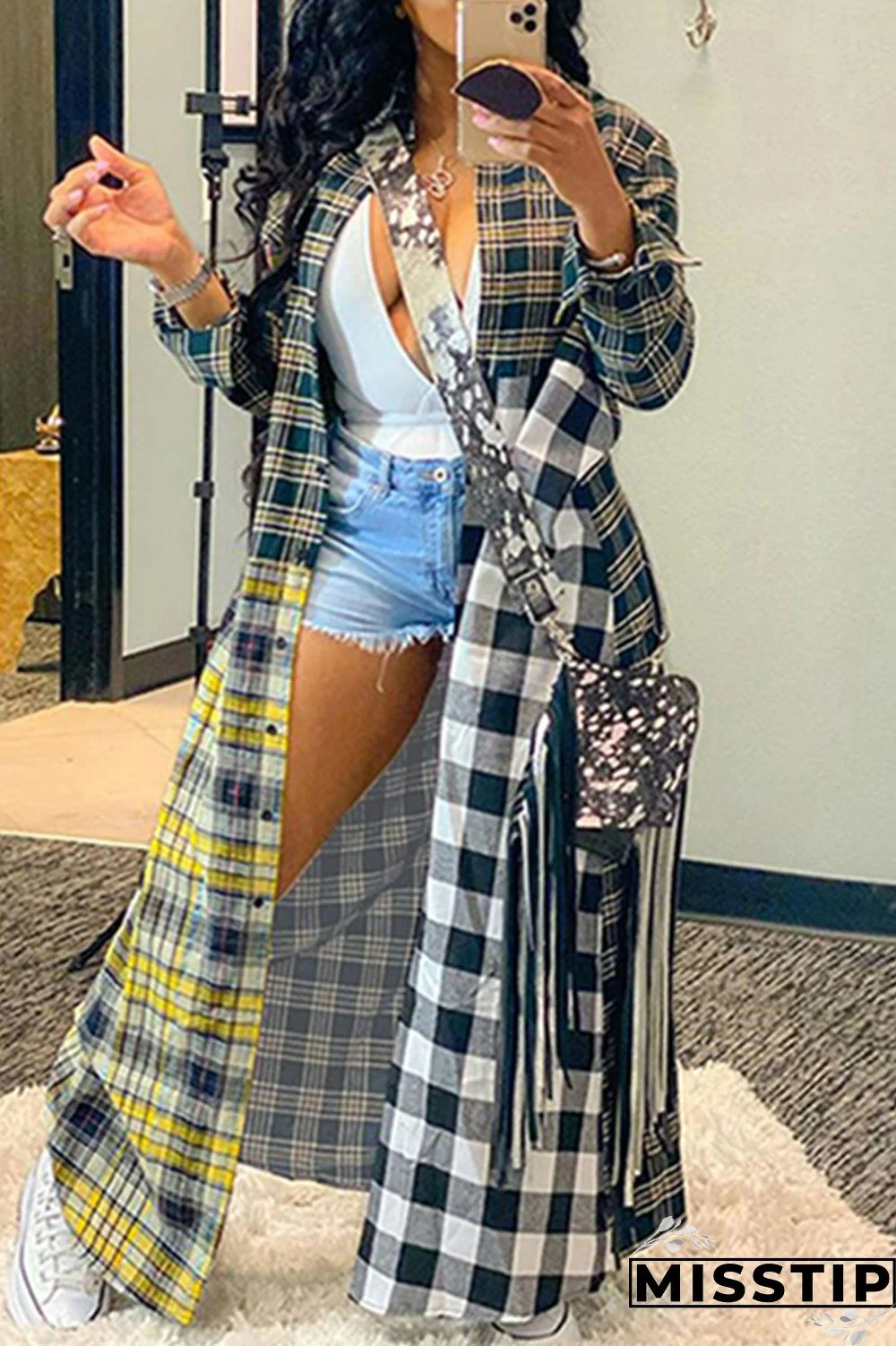 Black Gray Casual Plaid Print Cardigan Turndown Collar Outerwear