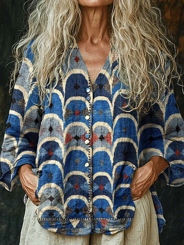Women's Geometric Art Long Sleeve Comfortable Cotton and Linen Shirt
