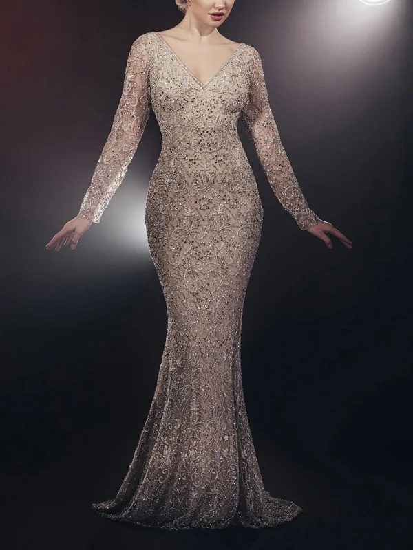 V-Neck Sequined Long-Sleeved Maxi Dress